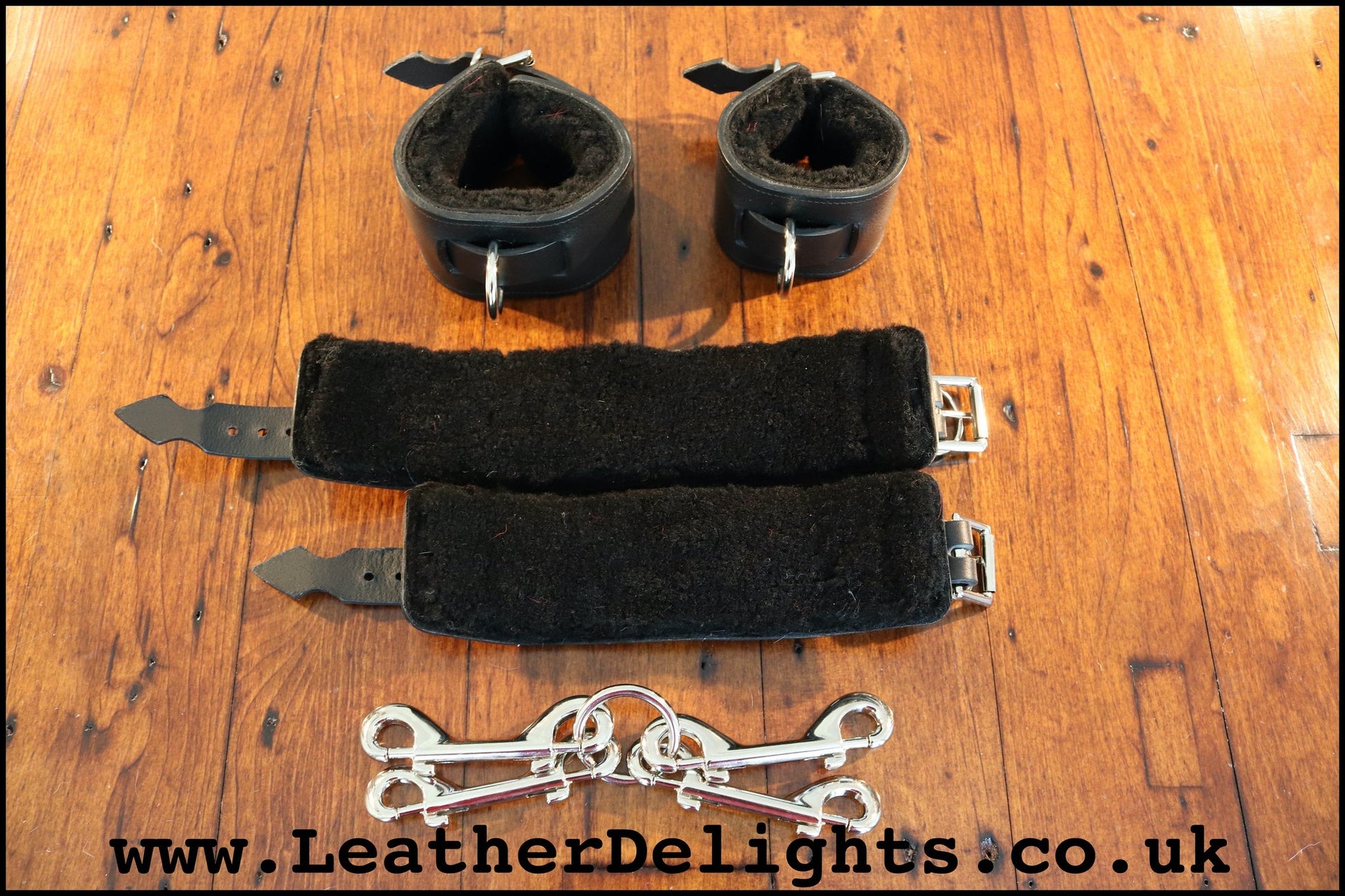 Black Wrist & Ankle Cuffs with Sheepskin Lining - Leather Delights