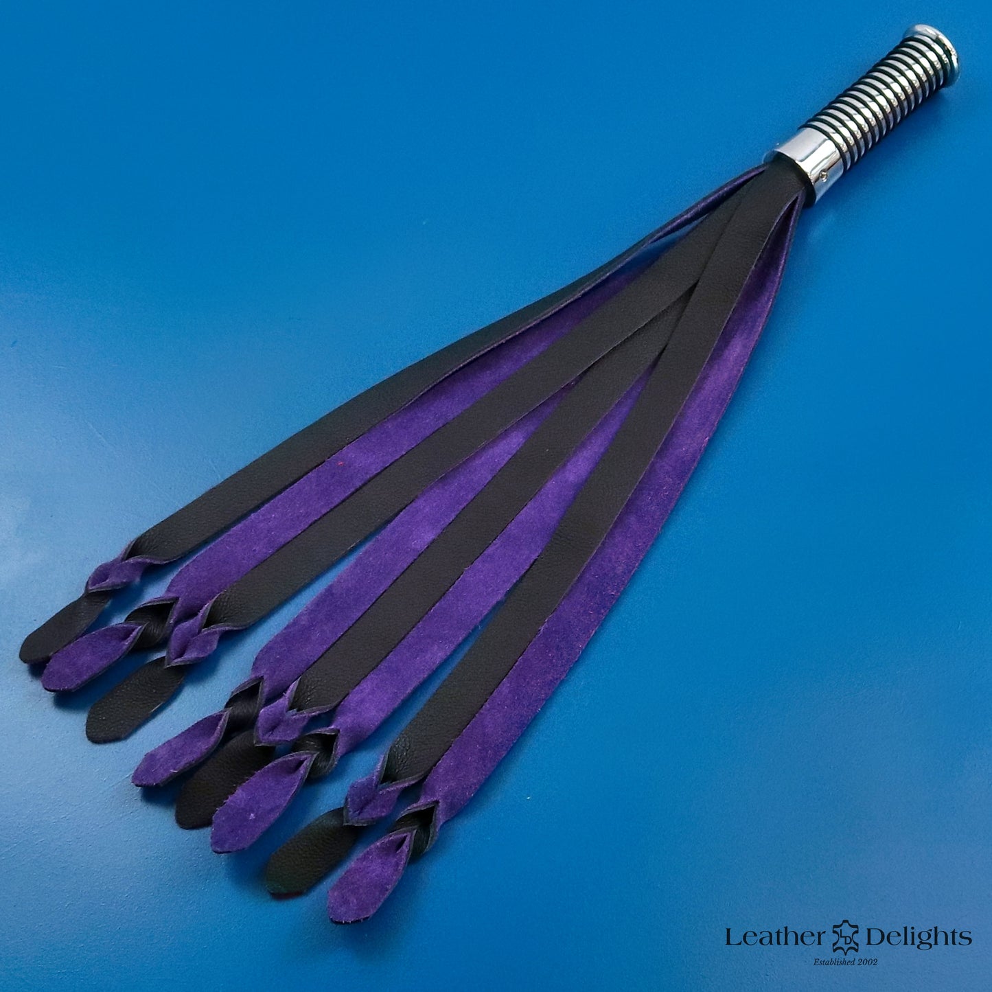 Black Leather and Purple Suede Twisted Kitten Flogger