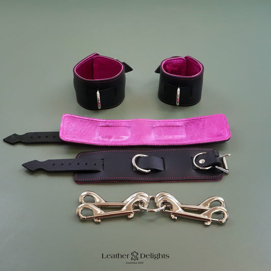 Black Wrist & Ankle Cuffs with Bright Metallic Pink Lambskin Lining