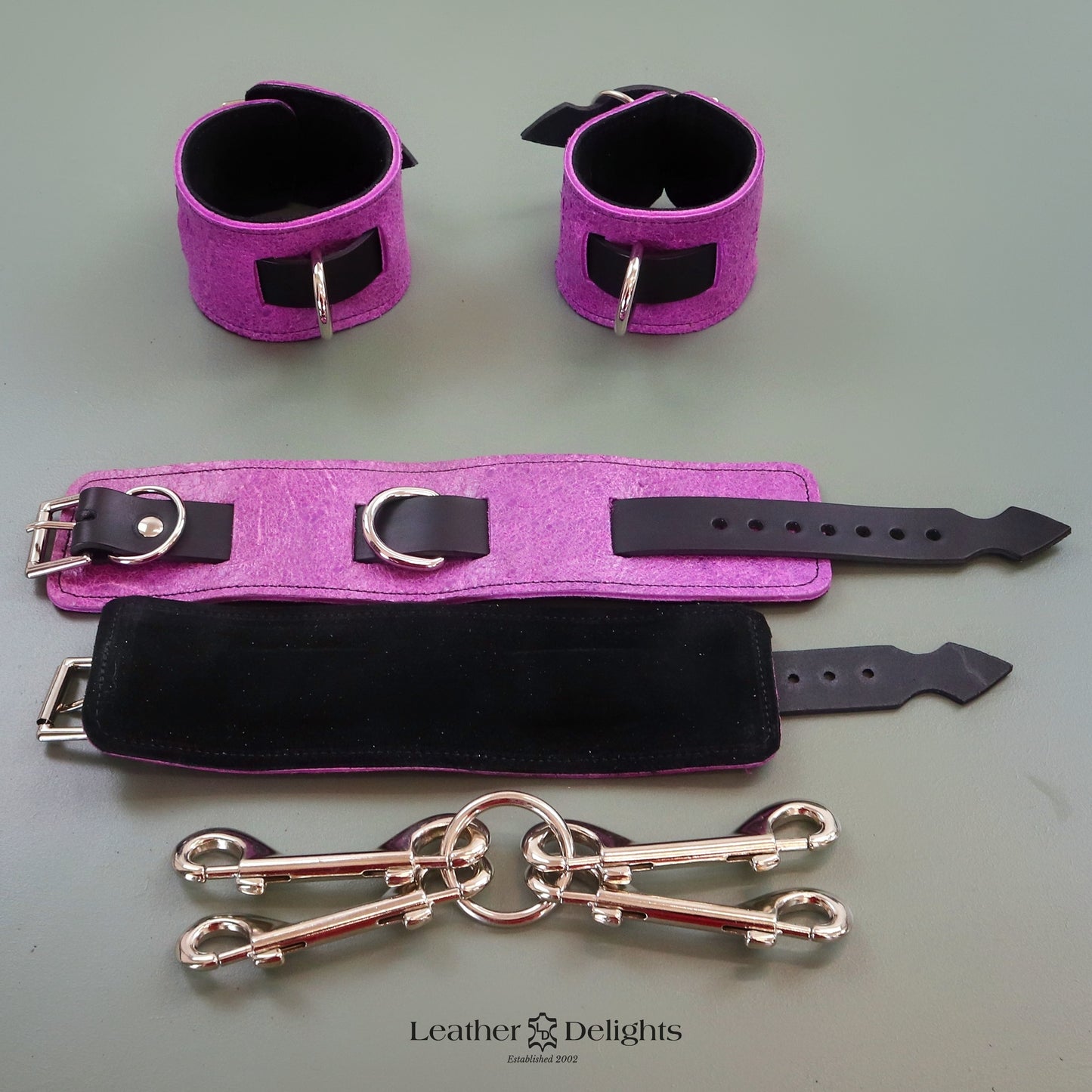 Textured Purple Leather Wrist & Ankle Cuffs with Black Suede Lining